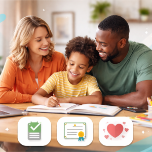 Illustrated icons representing a court-accepted parenting and family skills online course with home, checklist, learning, and certificate elements