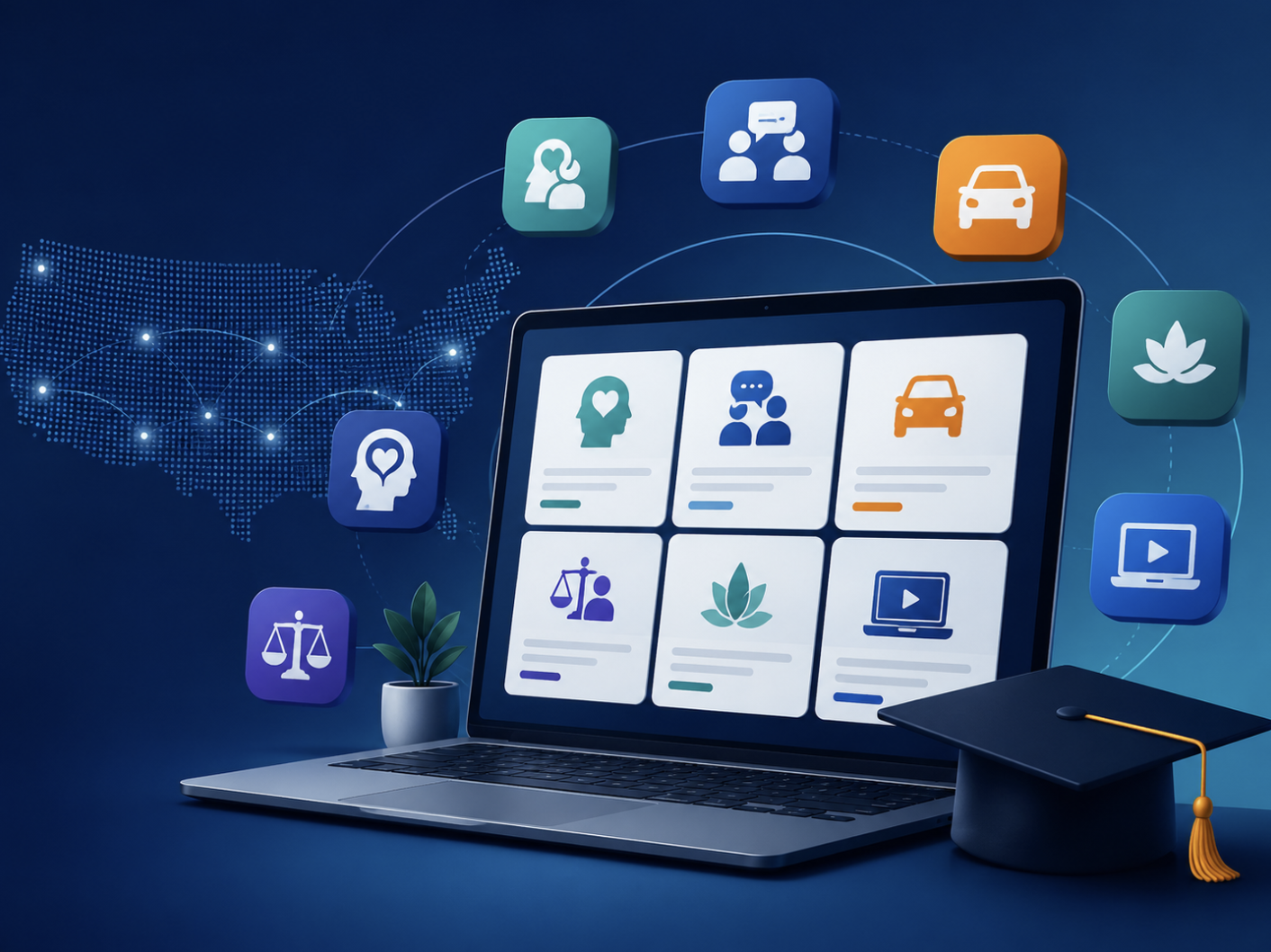 Laptop displaying online court-related course categories with icons for anger management, communication, driving, cannabis awareness, and behavioral education